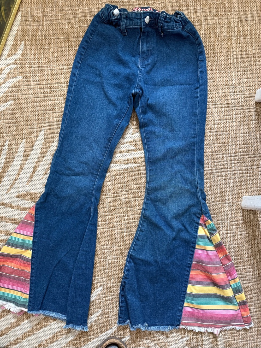 Girls' Dark Blue Western Flare Jeans with Multicolor Stripe Inset